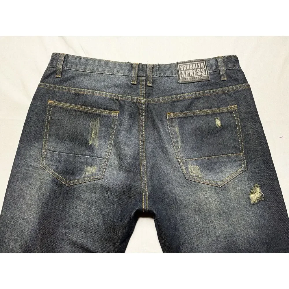 Brooklyn Xpress Men's Dark Wash Distressed Wide Leg Blue Jeans - Size 36x29*